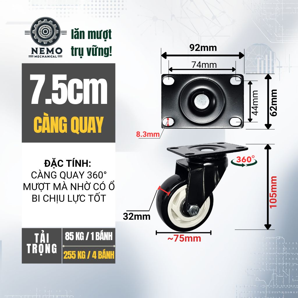 Bánh Xe Đẩy Hàng Đen Trắng – Chịu Tải Tốt, Khung Thép Sơn Tĩnh Điện